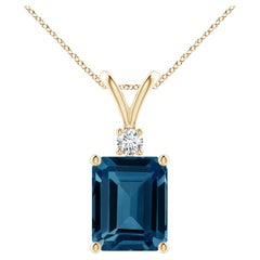 Emerald-Cut 4ct Blue Topaz Solitaire Pendant with Diamond in 14K Solid Gold