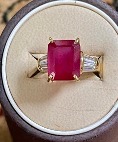 Emerald Cut 5 Carat Treated Ruby and 1 Carat Diamond 14 Karat Yellow Gold Ring
