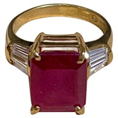 Emerald Cut 5 Carat Treated Ruby and 1 Carat Diamond 14 Karat Yellow Gold Ring