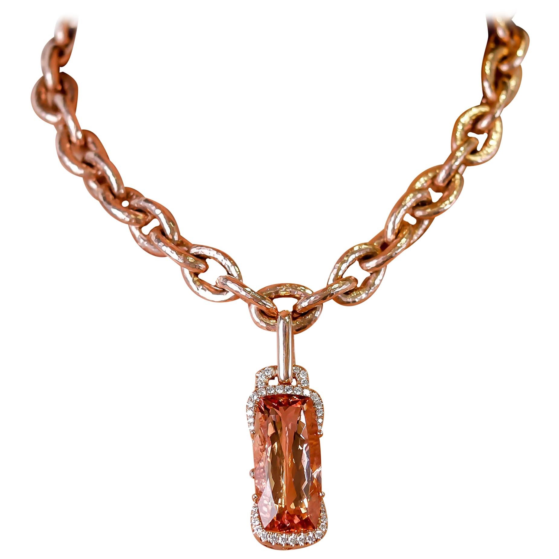 Emerald-Cut 52 Carat Morganite and Diamond 14 Karat Gold Pendant Chain Necklace For Sale