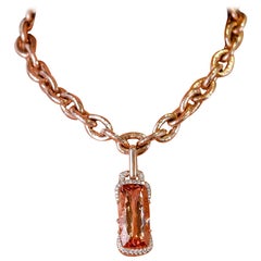 Emerald-Cut 52 Carat Morganite and Diamond 14 Karat Gold Pendant Chain Necklace