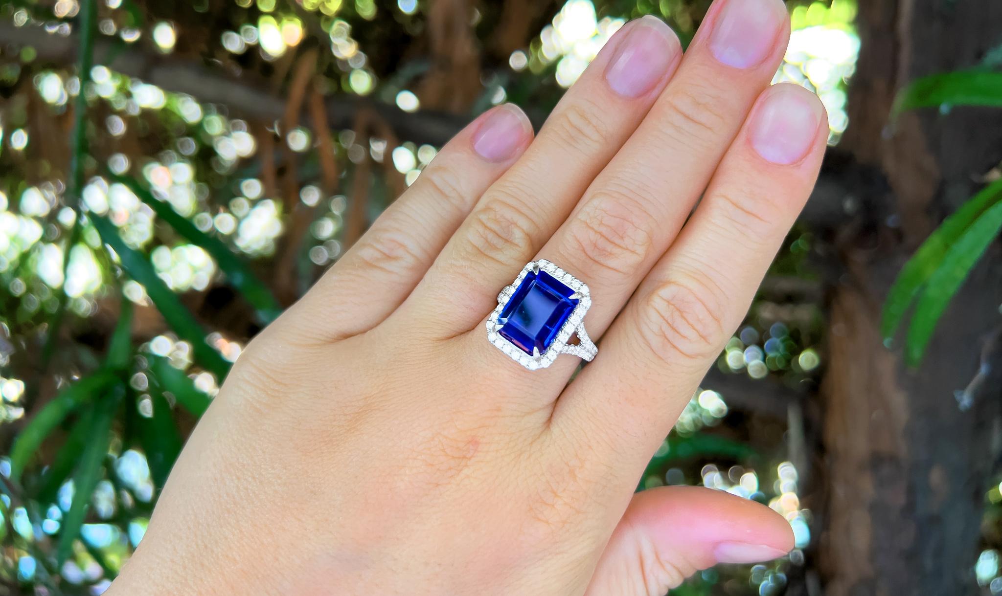 Emerald Cut 6.50 Carat Kyanite Ring with Diamond Halo 1.60 Carats Total 18k Gold In Excellent Condition In Carlsbad, CA