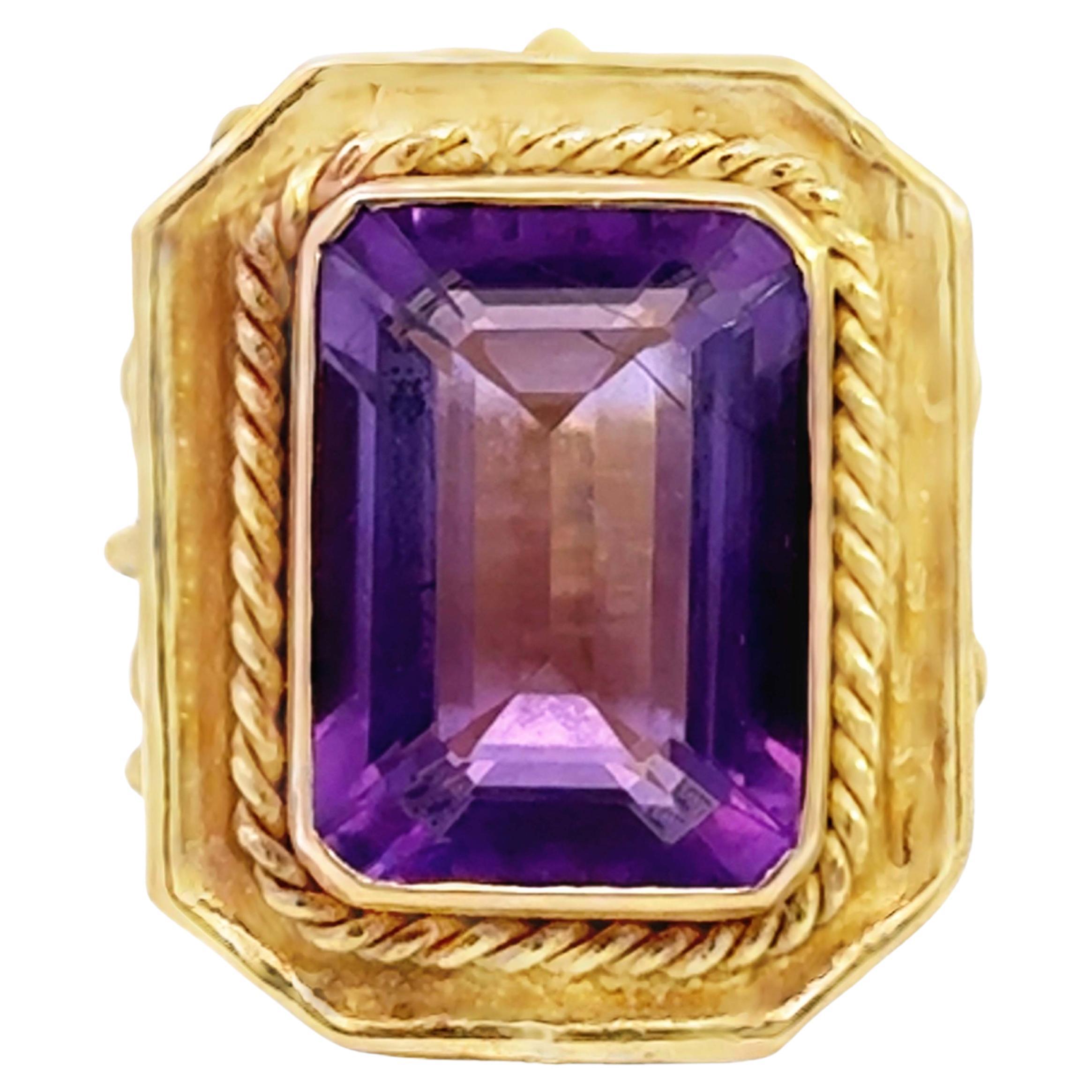 Emerald Cut 7 Carat Purple Amethyst Ring 18K Yellow Gold