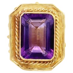 Anillo de amatista púrpura de 7 quilates, talla esmeralda, oro amarillo de 18 quilates