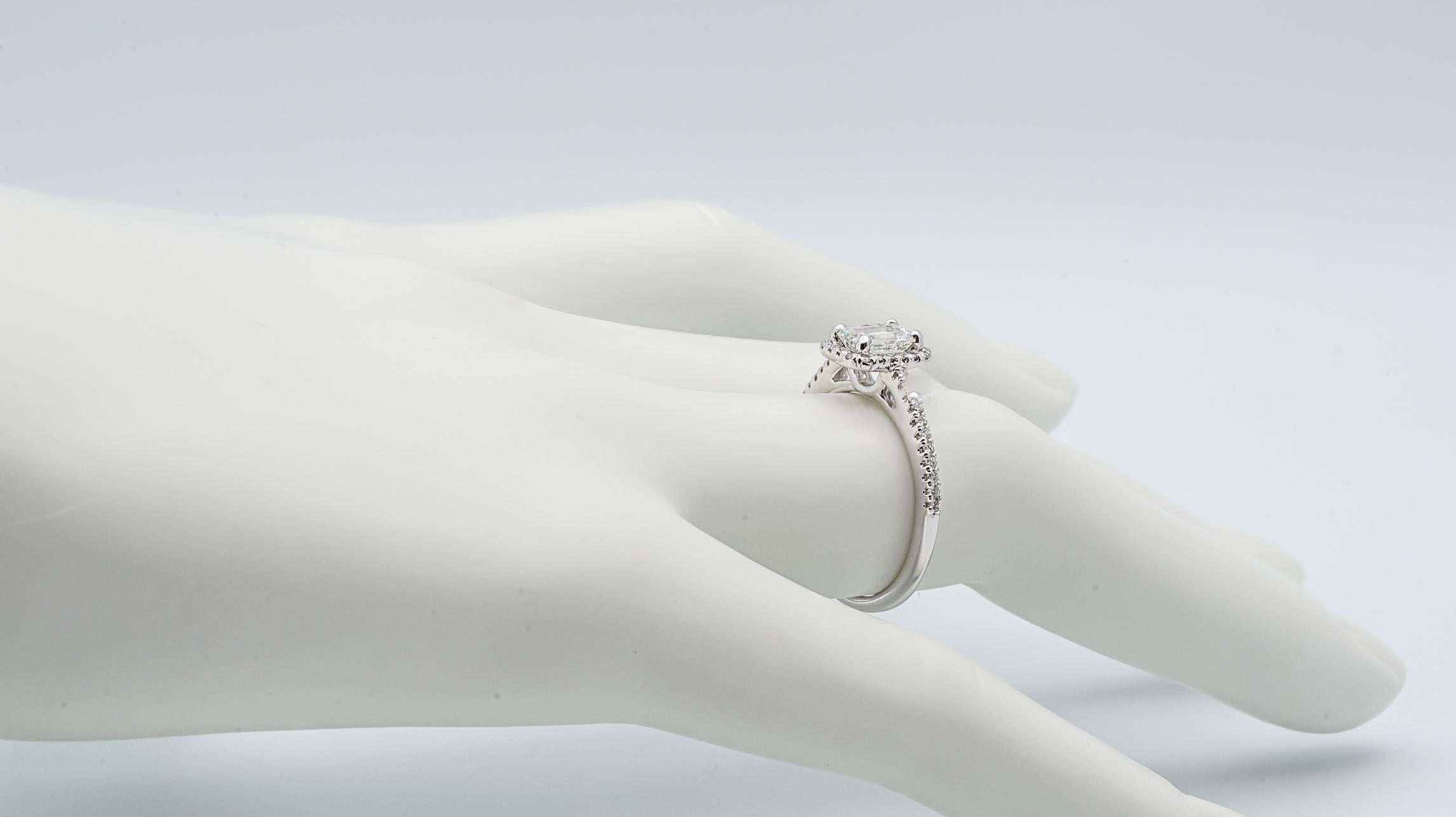 Modern .78 Ct Emerald Cut Diamond Halo Engagement Ring G VVS2 GIA 14K White Gold