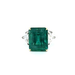 Emerald-Cut 9.47ct Natural Zambian Emerald Ring with Trillion Side Diamonds