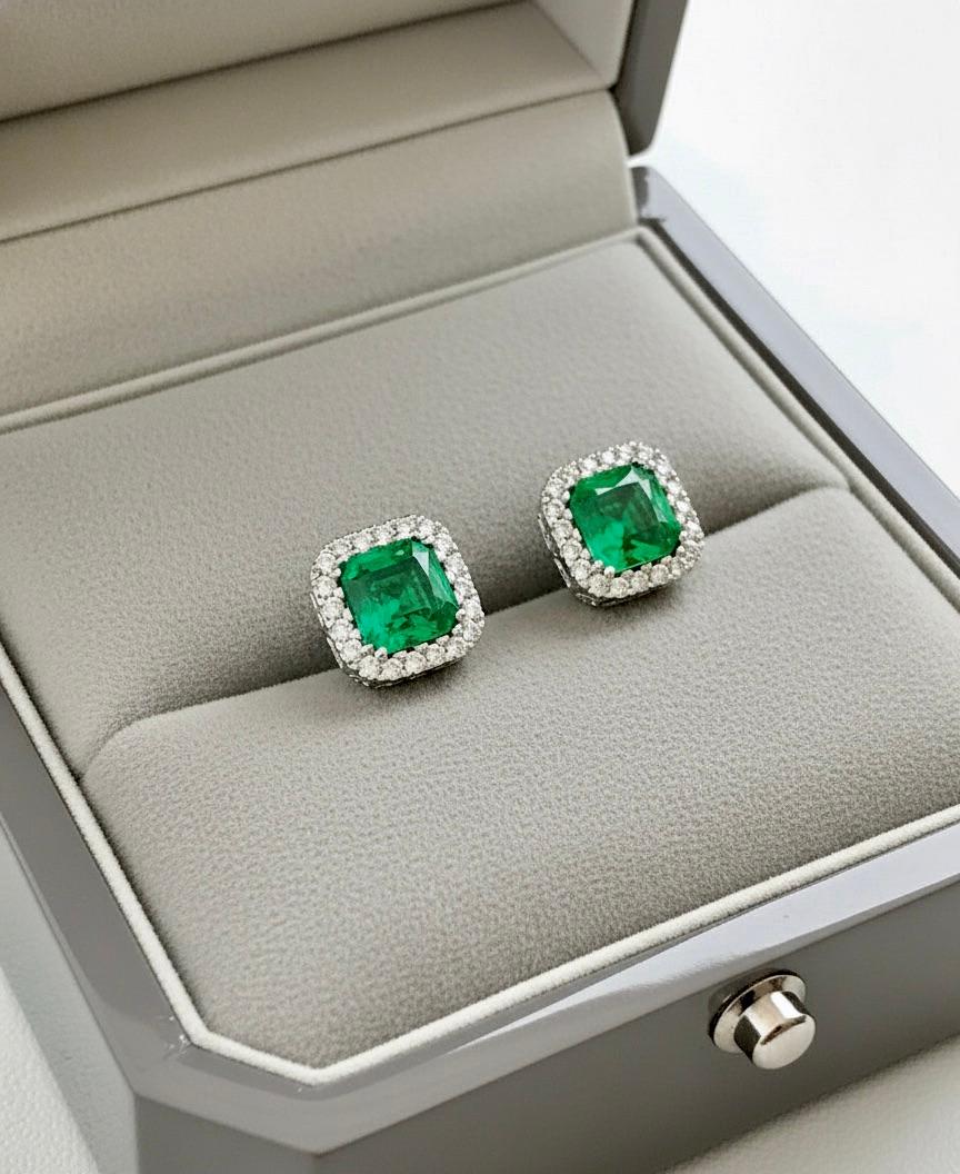 Taille Asscher Clous d'oreilles émeraude colombienne AAA taille émeraude avec halo de diamants en vente