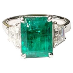Emerald Cut African Emerald 
Trapezoid Diamond, 3 Stone Ring