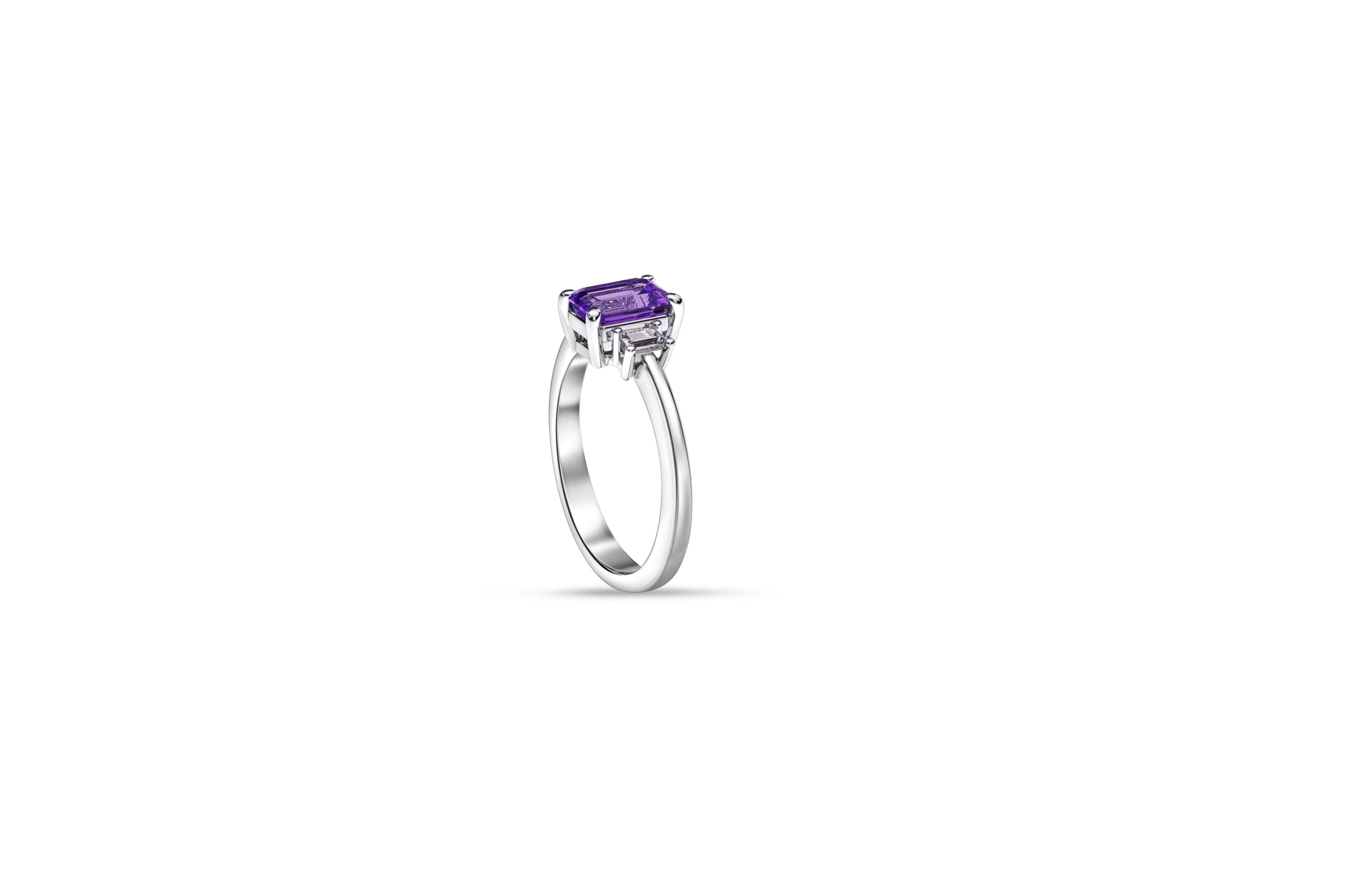 For Sale:  Emerald cut Amethyst and baguette moissanites 14k gold ring. 2