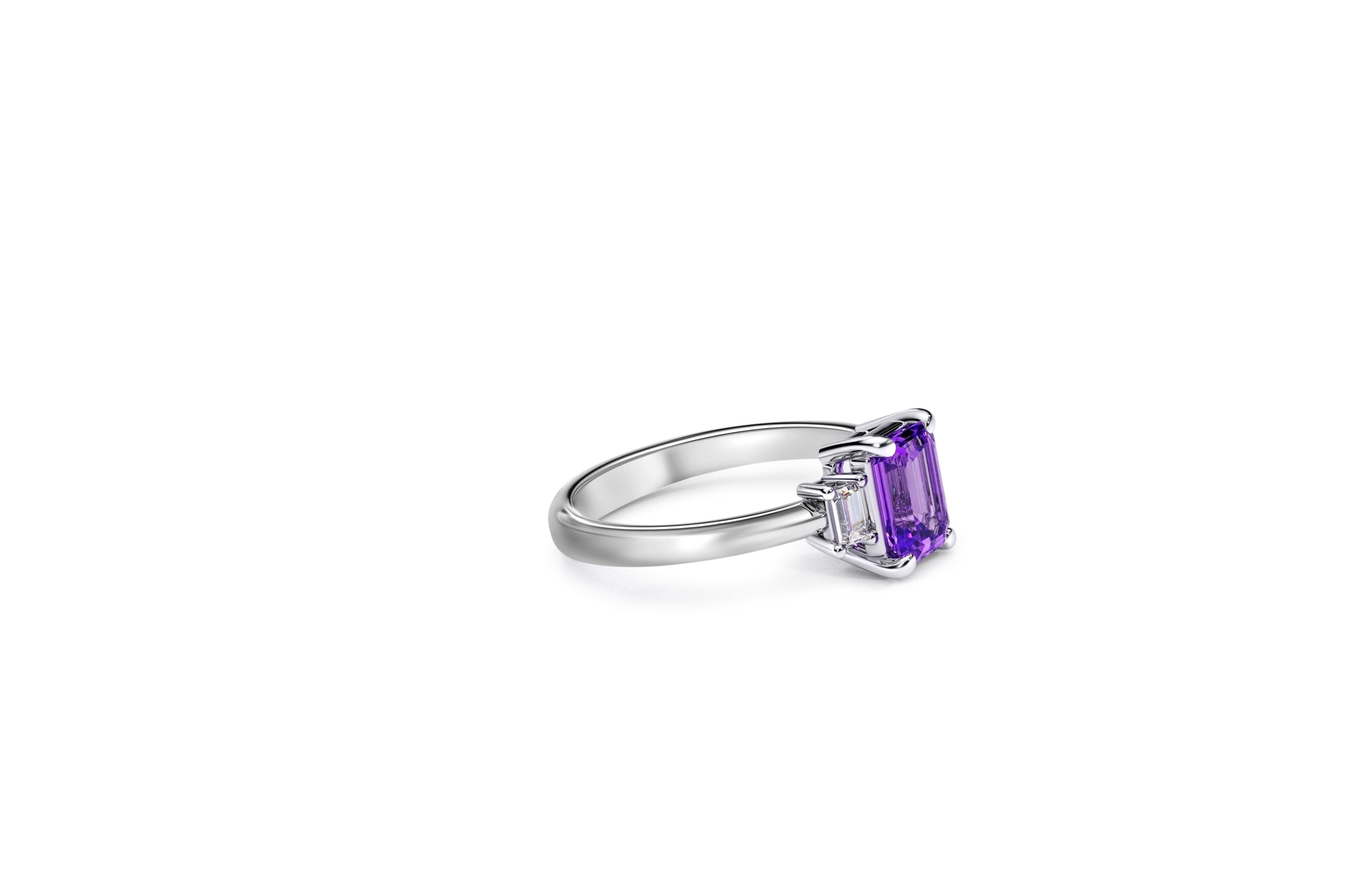 For Sale:  Emerald cut Amethyst and baguette moissanites 14k gold ring. 3