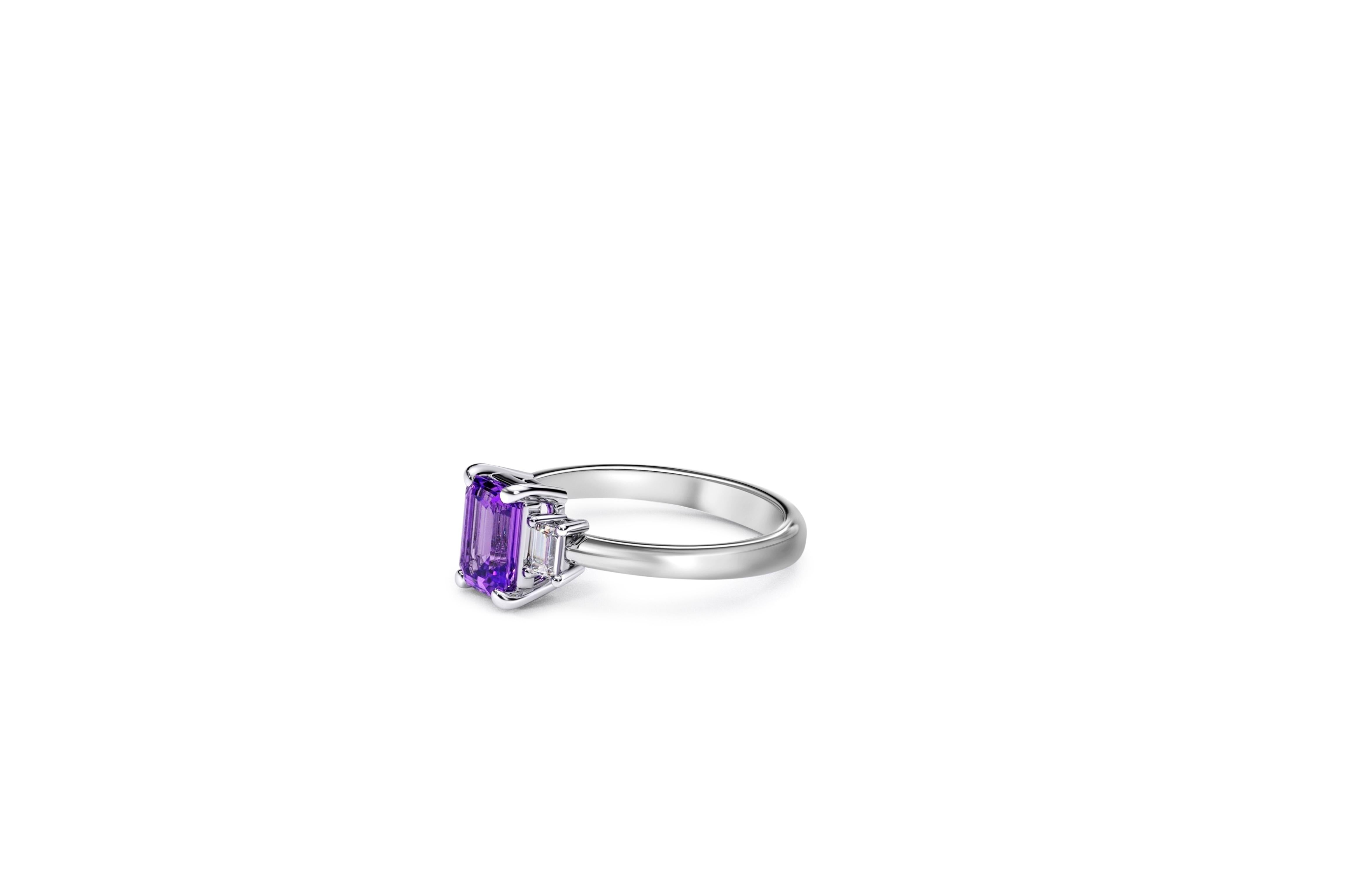 For Sale:  Emerald cut Amethyst and baguette moissanites 14k gold ring. 4