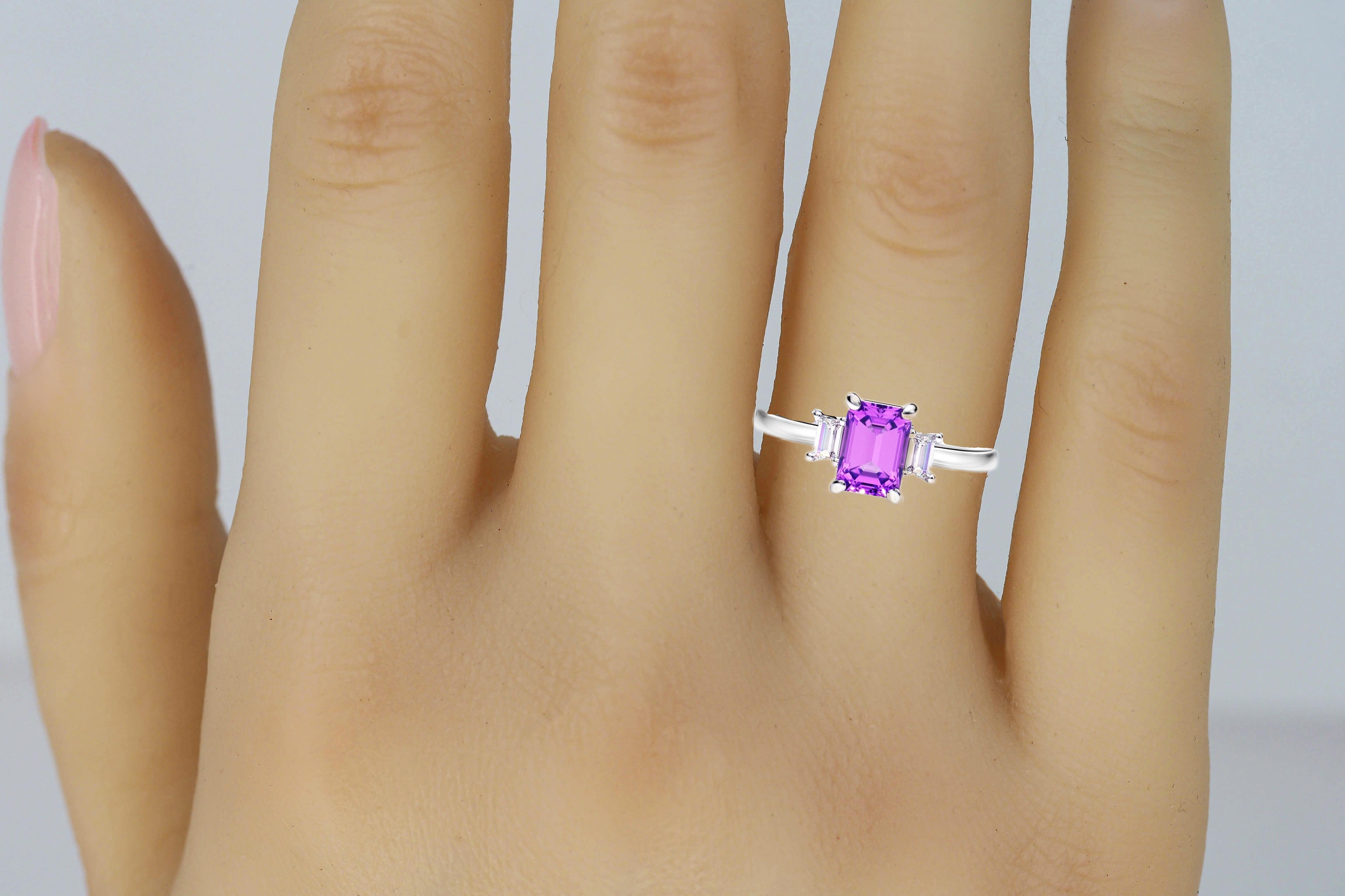 For Sale:  Emerald cut Amethyst and baguette moissanites 14k gold ring. 5