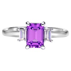 Emerald cut Amethyst and baguette moissanites 14k gold ring