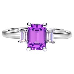 Emerald cut Amethyst and baguette moissanites 14k gold ring. 