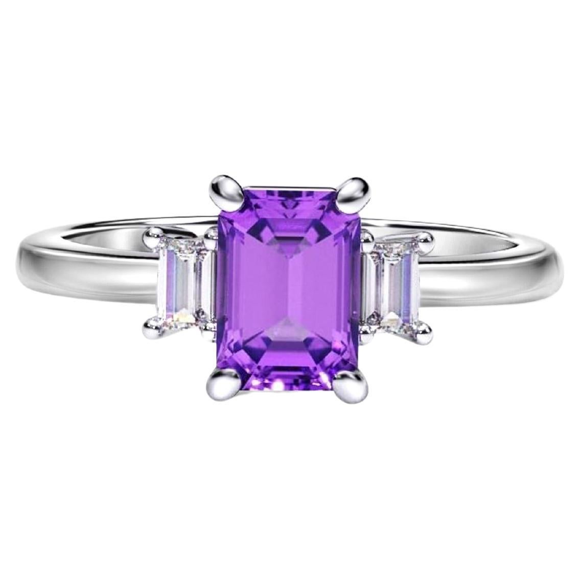 For Sale:  Emerald cut Amethyst and baguette moissanites 14k gold ring.