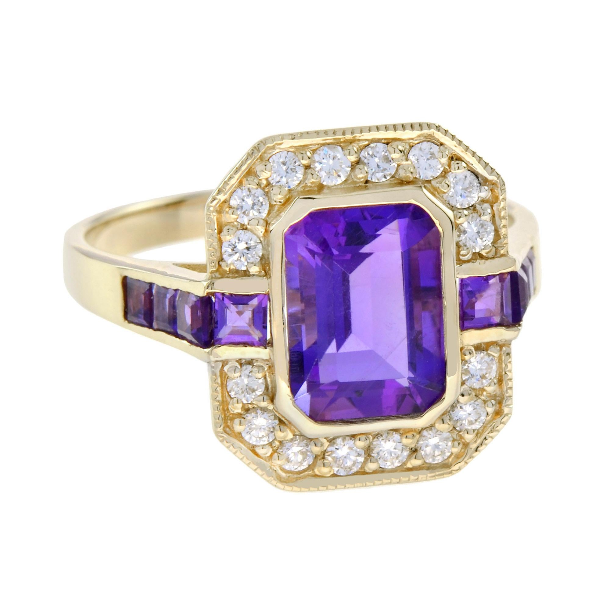 Halo-Ring aus 9 Karat Gelbgold mit Amethyst im Smaragdschliff und Diamanten im Art-déco-Stil (Art déco)