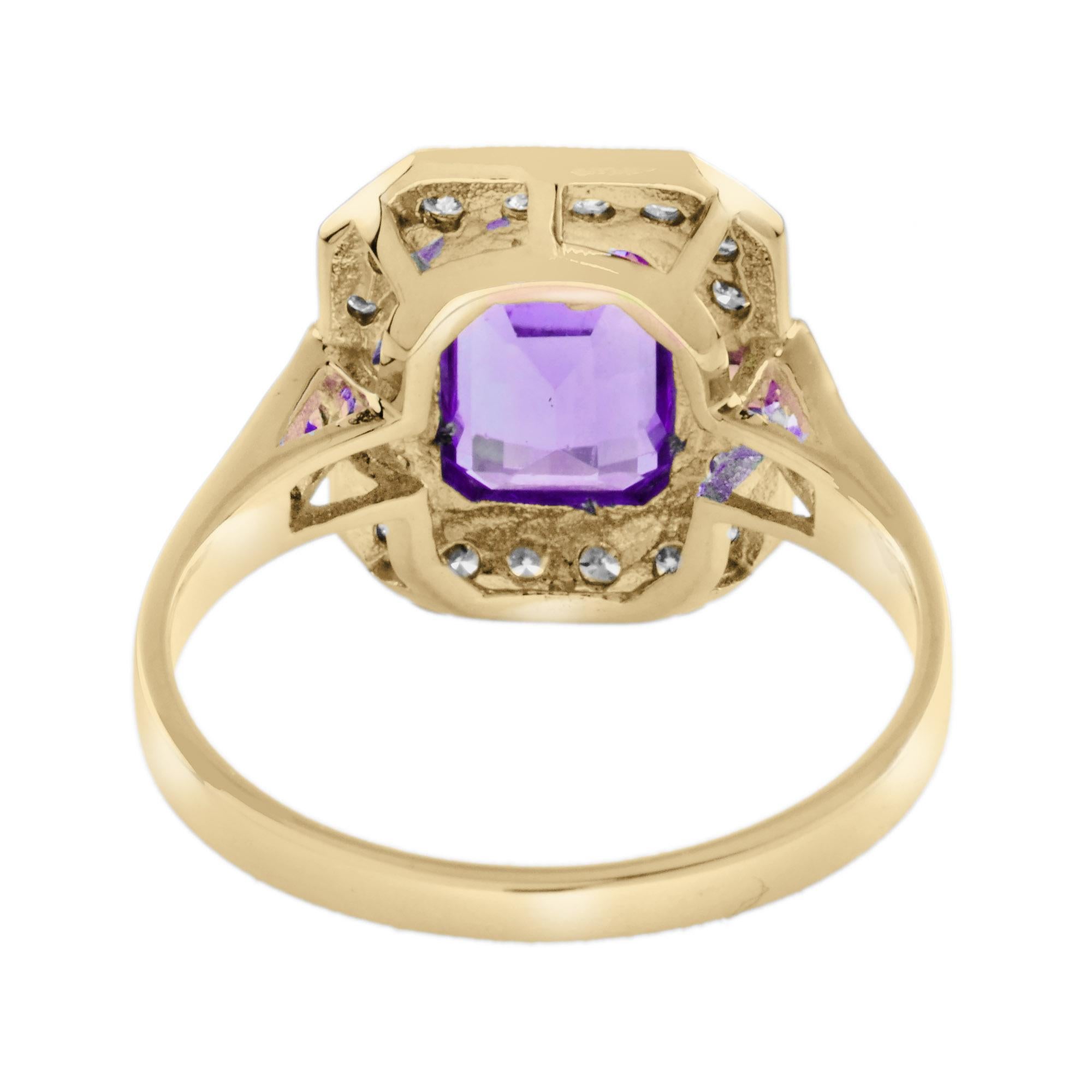 Halo-Ring aus 9 Karat Gelbgold mit Amethyst im Smaragdschliff und Diamanten im Art-déco-Stil Damen