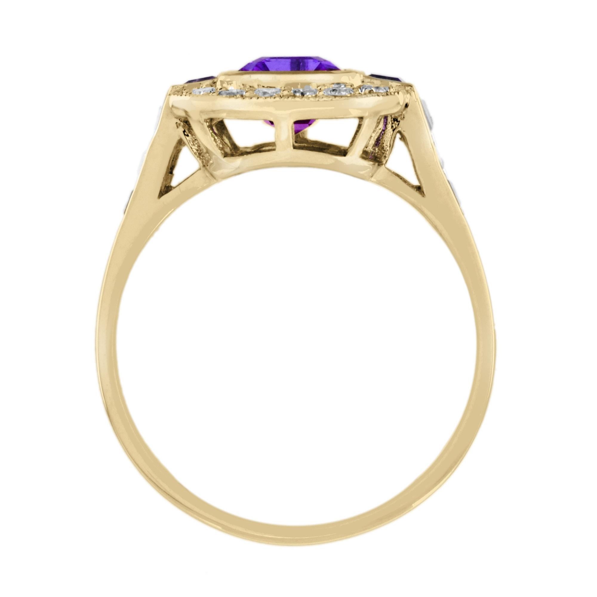 Halo-Ring aus 9 Karat Gelbgold mit Amethyst im Smaragdschliff und Diamanten im Art-déco-Stil 1