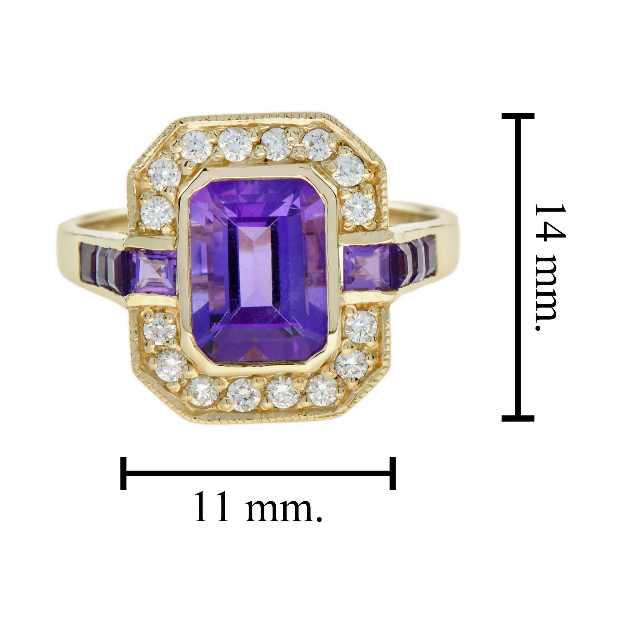Emerald Cut Amethyst and Diamond Art Deco Style Halo Ring in 9K Yellow Gold 3