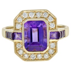 Emerald Cut Amethyst and Diamond Art Deco Style Halo Ring in 9K Yellow Gold