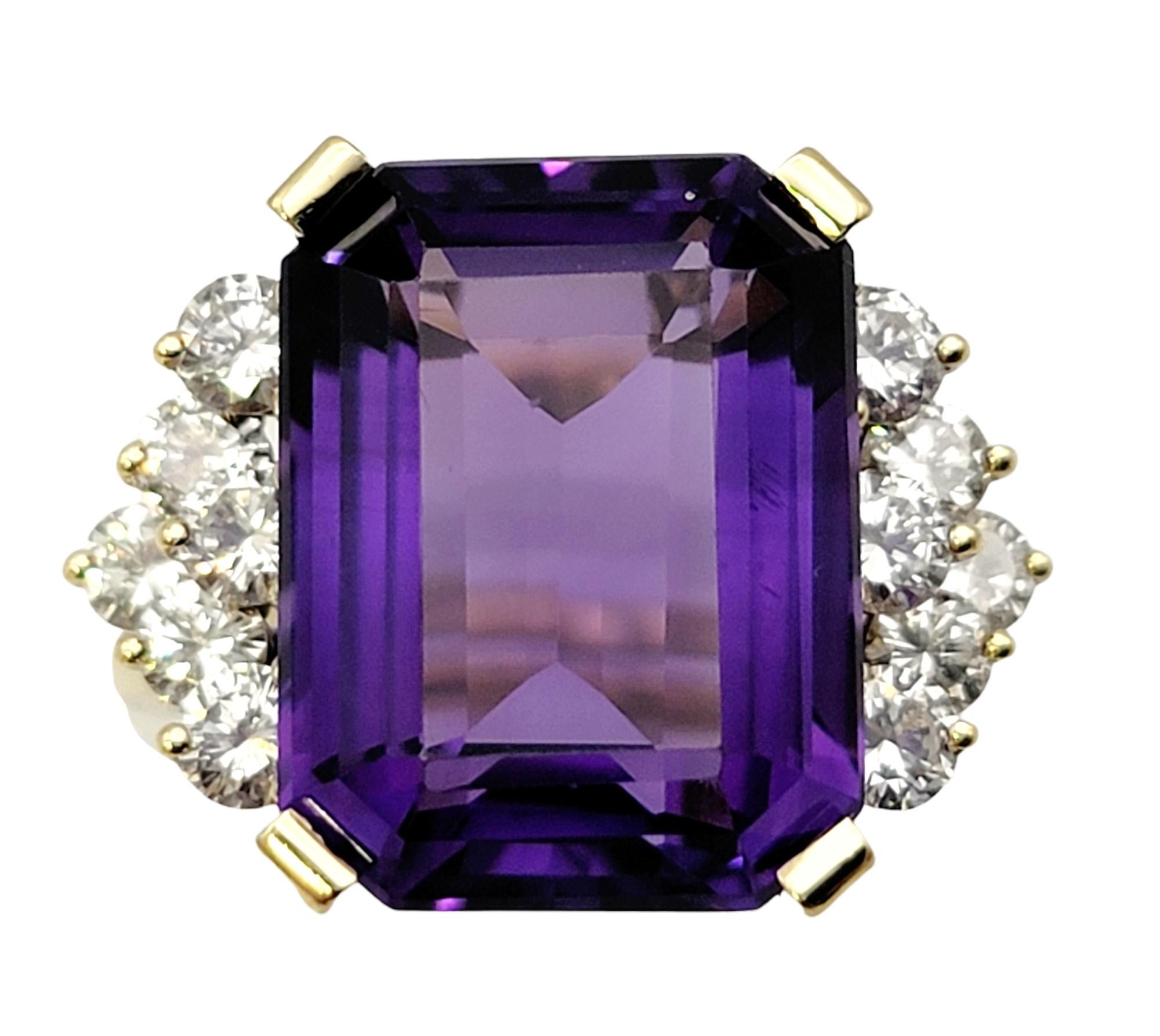 Contemporary Emerald Cut Amethyst and Diamond Cluster Split Shank Cocktail Ring 18 Karat Gold For Sale