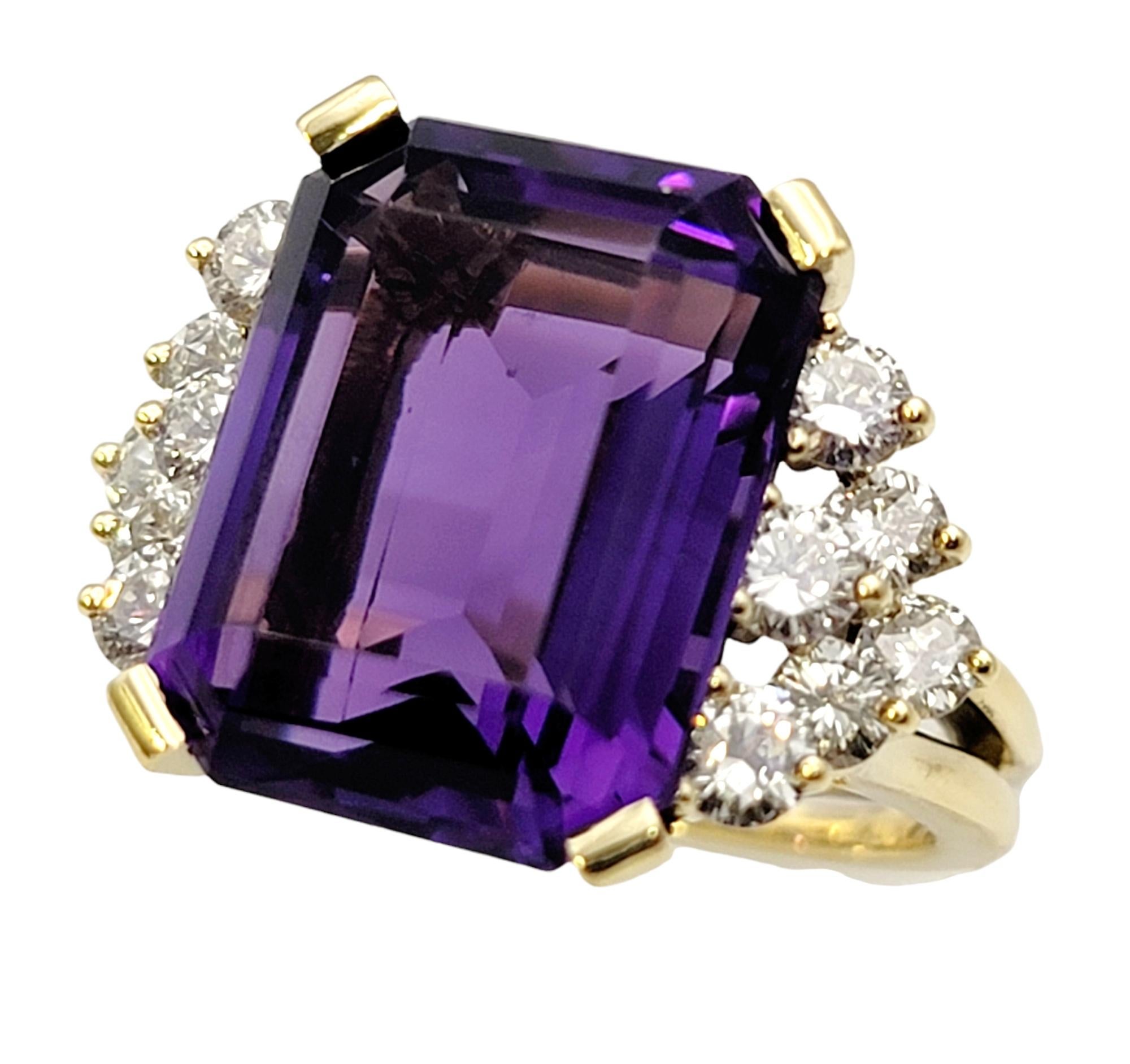 Emerald Cut Amethyst and Diamond Cluster Split Shank Cocktail Ring 18 Karat Gold In Good Condition For Sale In Scottsdale, AZ