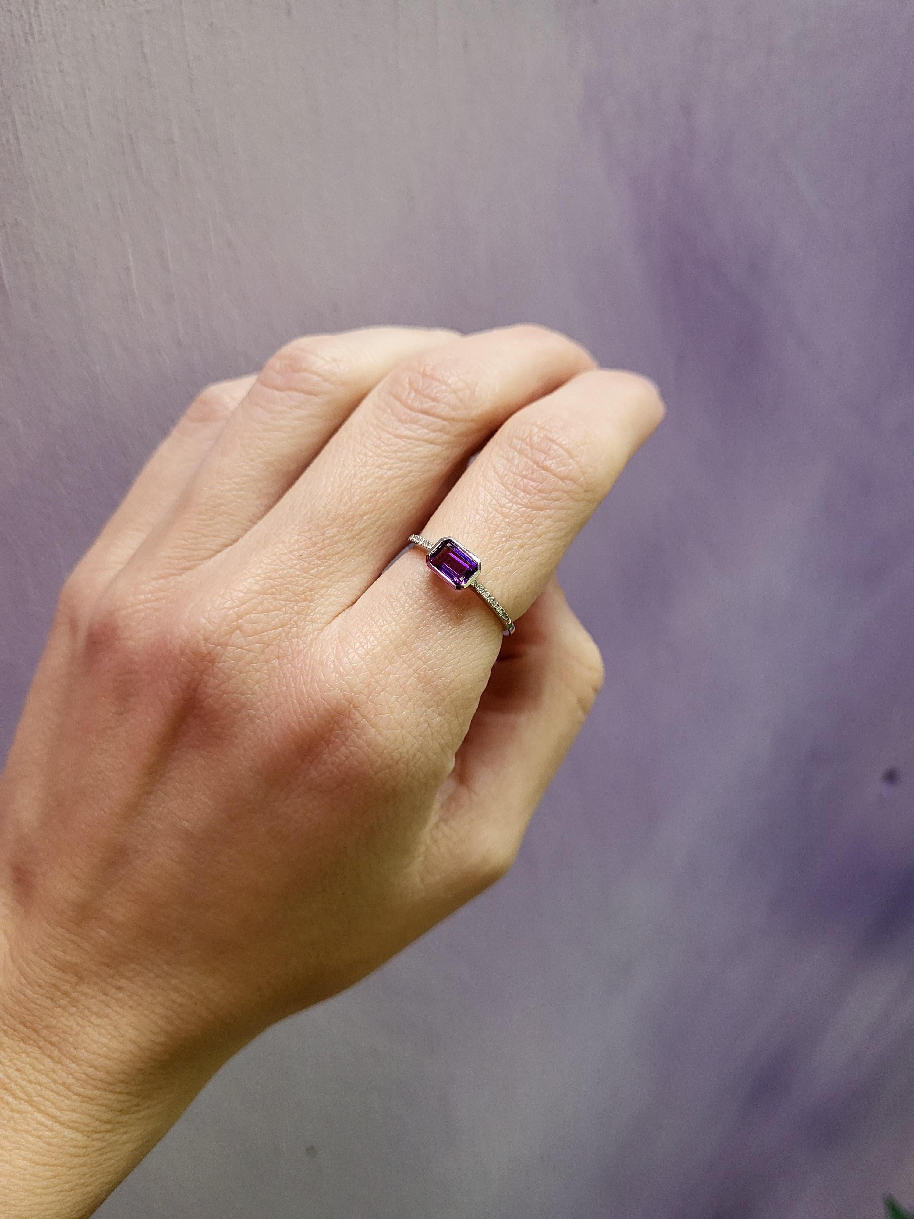 Women's Emerald Cut Amethyst and Diamond Fashion Ring, 14 Karat White Gold For Sale