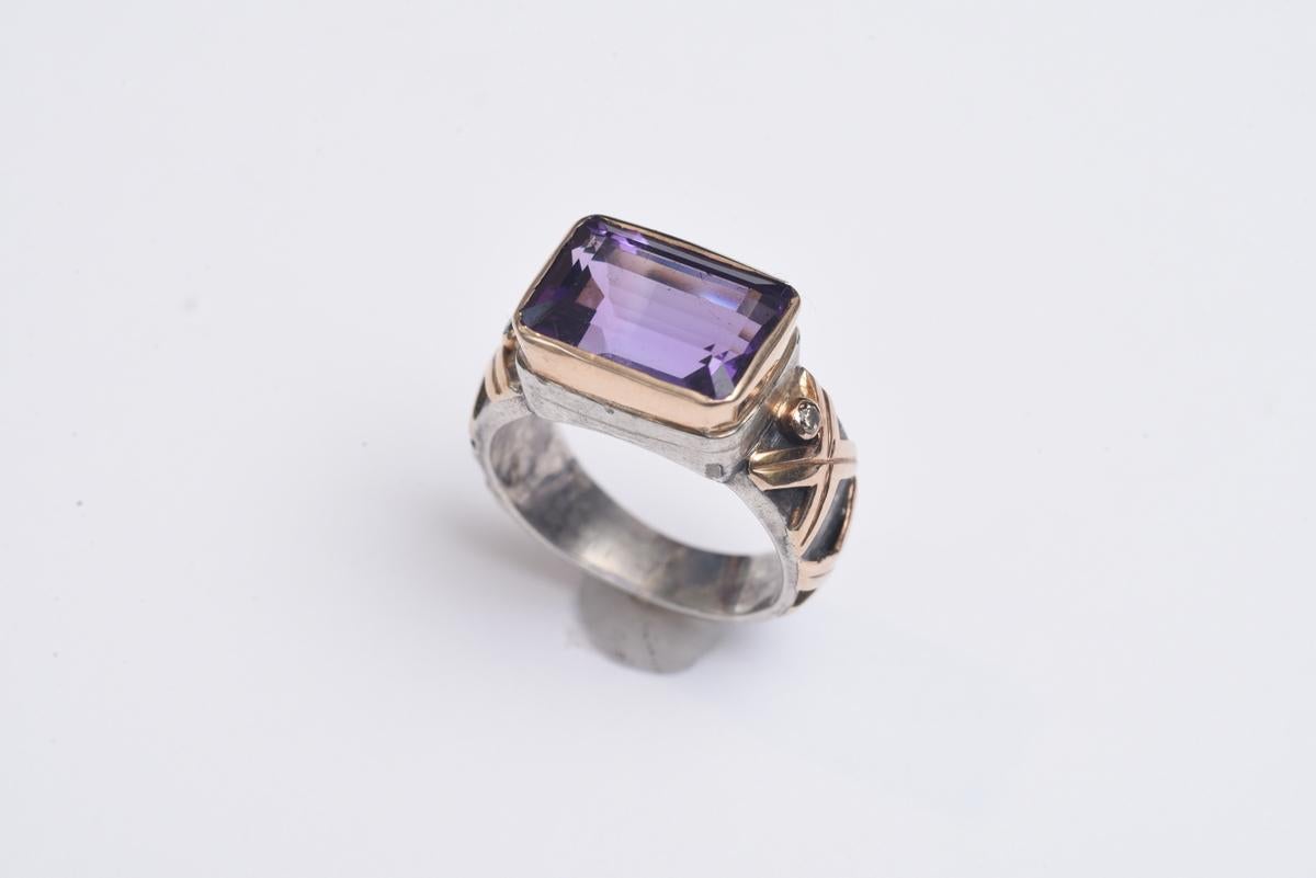 Women's or Men's Emerald Cut Amethyst and Diamond Gold Ring