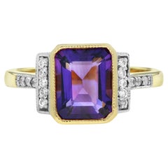 Emerald Cut Amethyst and Diamond Shoulder Ring in 14K Yellow Gold