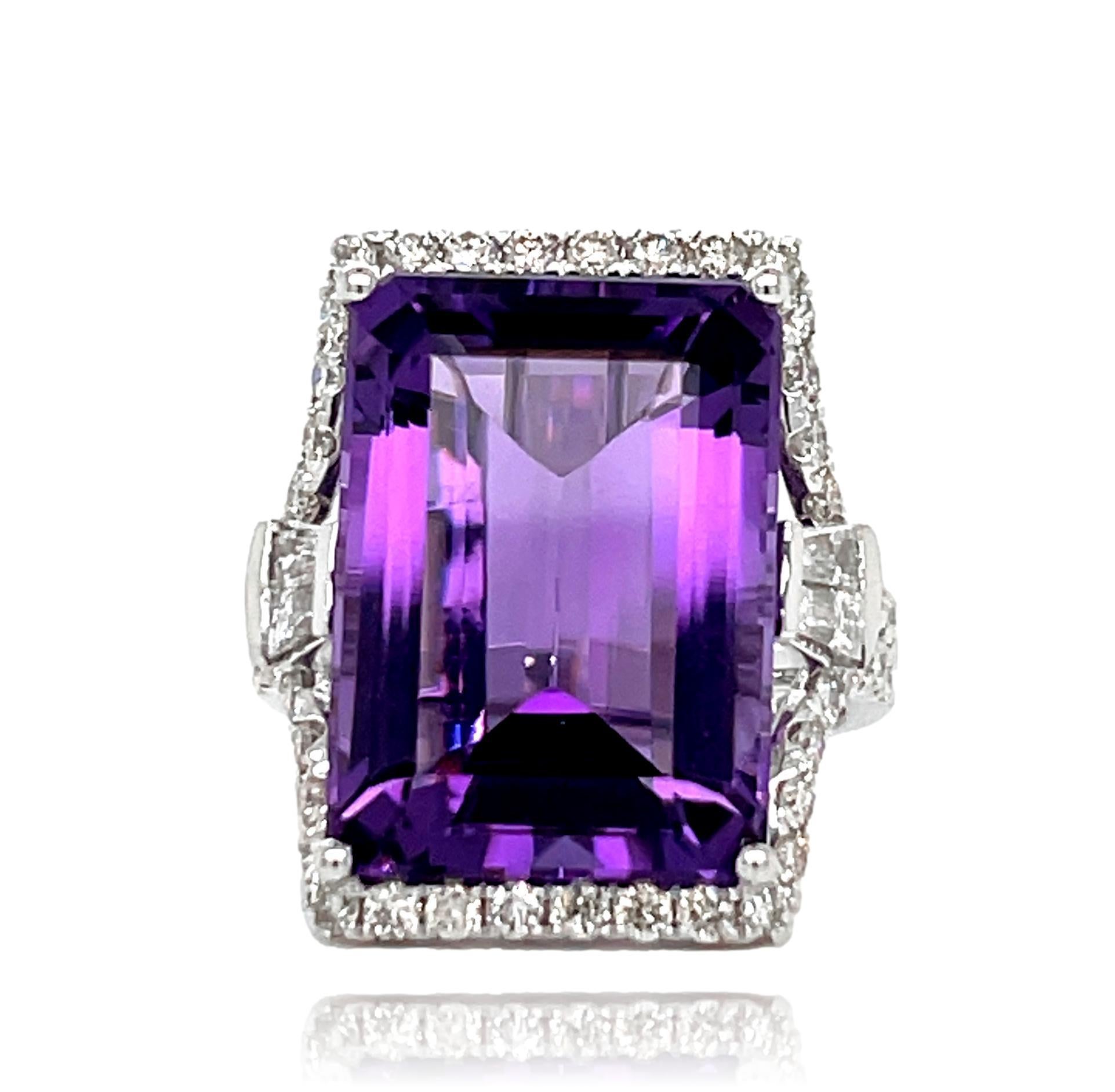 18x13 Emerald Cut African Amethyst and Diamond Statement Ring in 14K White Gold In New Condition In New York, NY