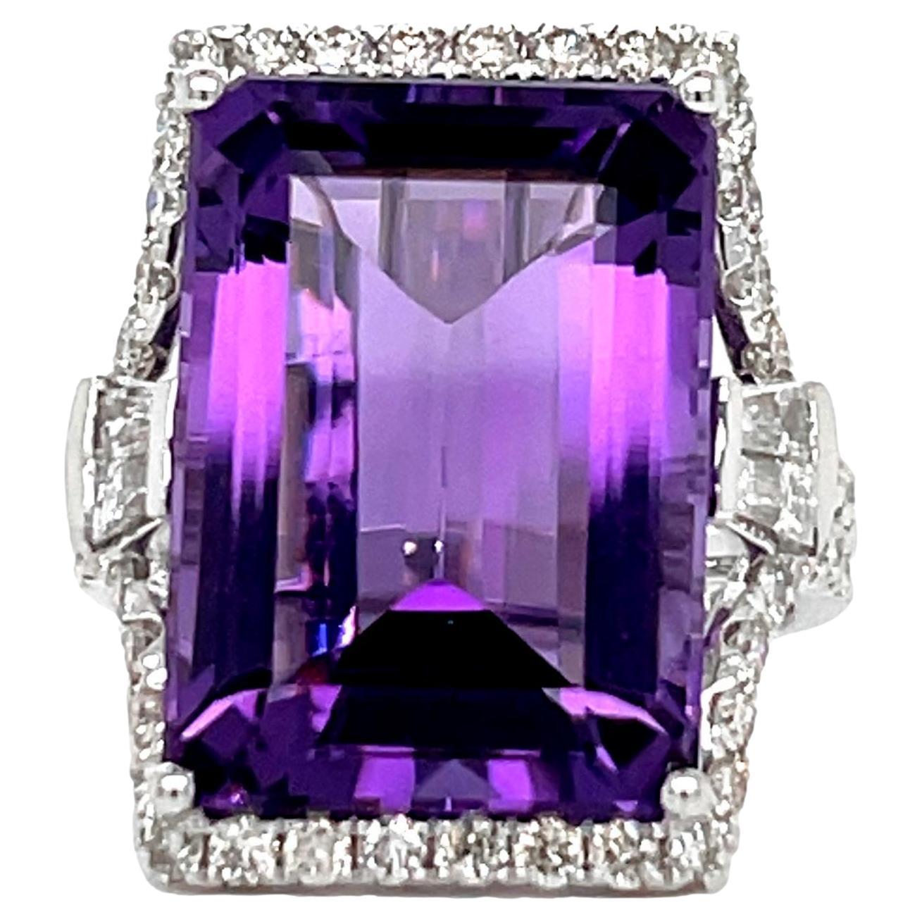 18x13 Emerald Cut African Amethyst and Diamond Statement Ring in 14K White Gold For Sale