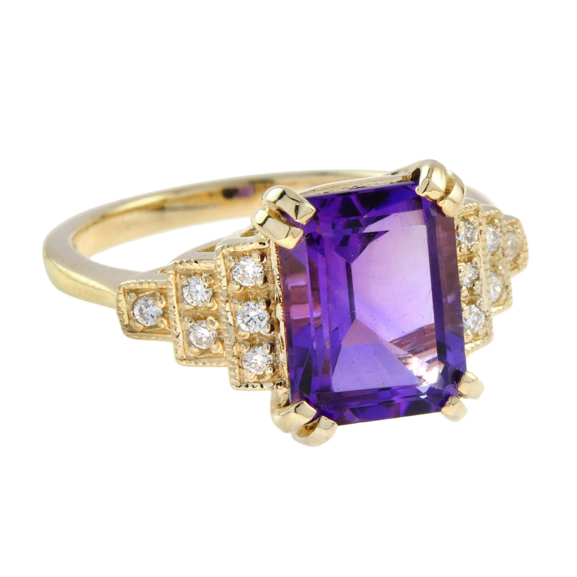 For Sale:  Emerald Cut Amethyst and Diamond Step Shoulder Engagement Ring in 14K Gold 3