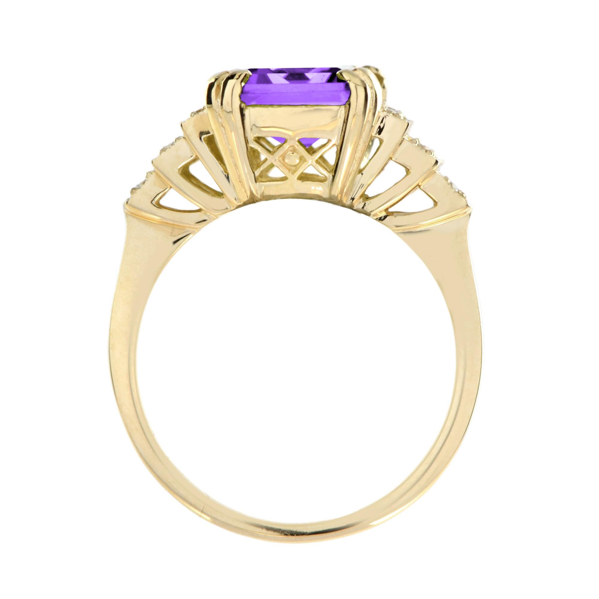 For Sale:  Emerald Cut Amethyst and Diamond Step Shoulder Engagement Ring in 14K Gold 6