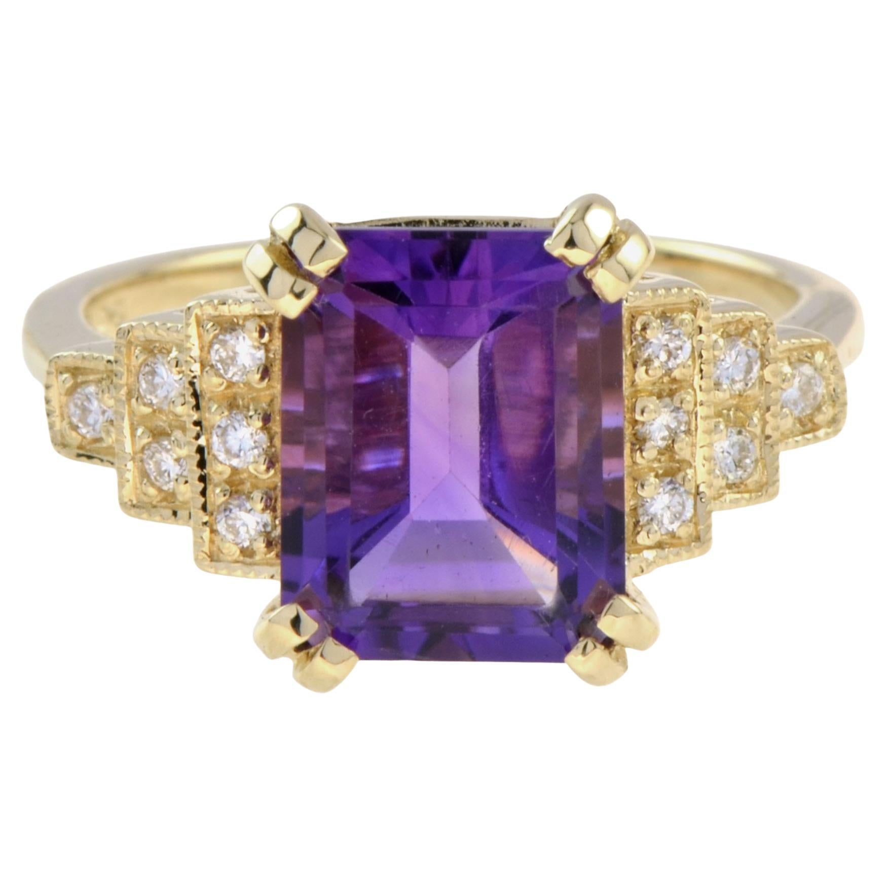 Emerald Cut Amethyst and Diamond Step Shoulder Engagement Ring in 14K Gold