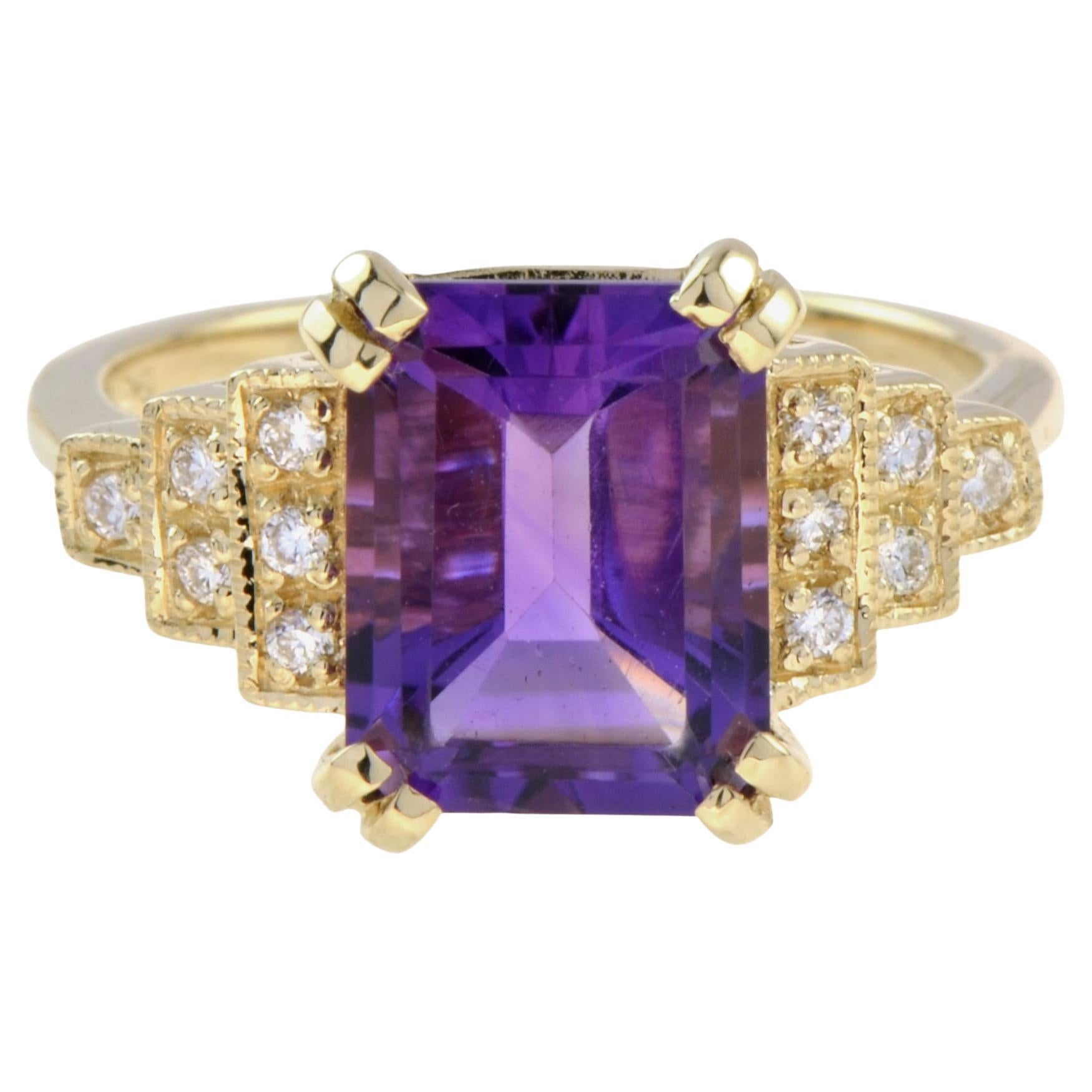 Smaragdschliff Amethyst und Diamant Stufenschulter Verlobungsring in 14K Gold