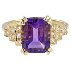 Emerald Cut Amethyst and Diamond Step Shoulder Engagement Ring in 14K Gold