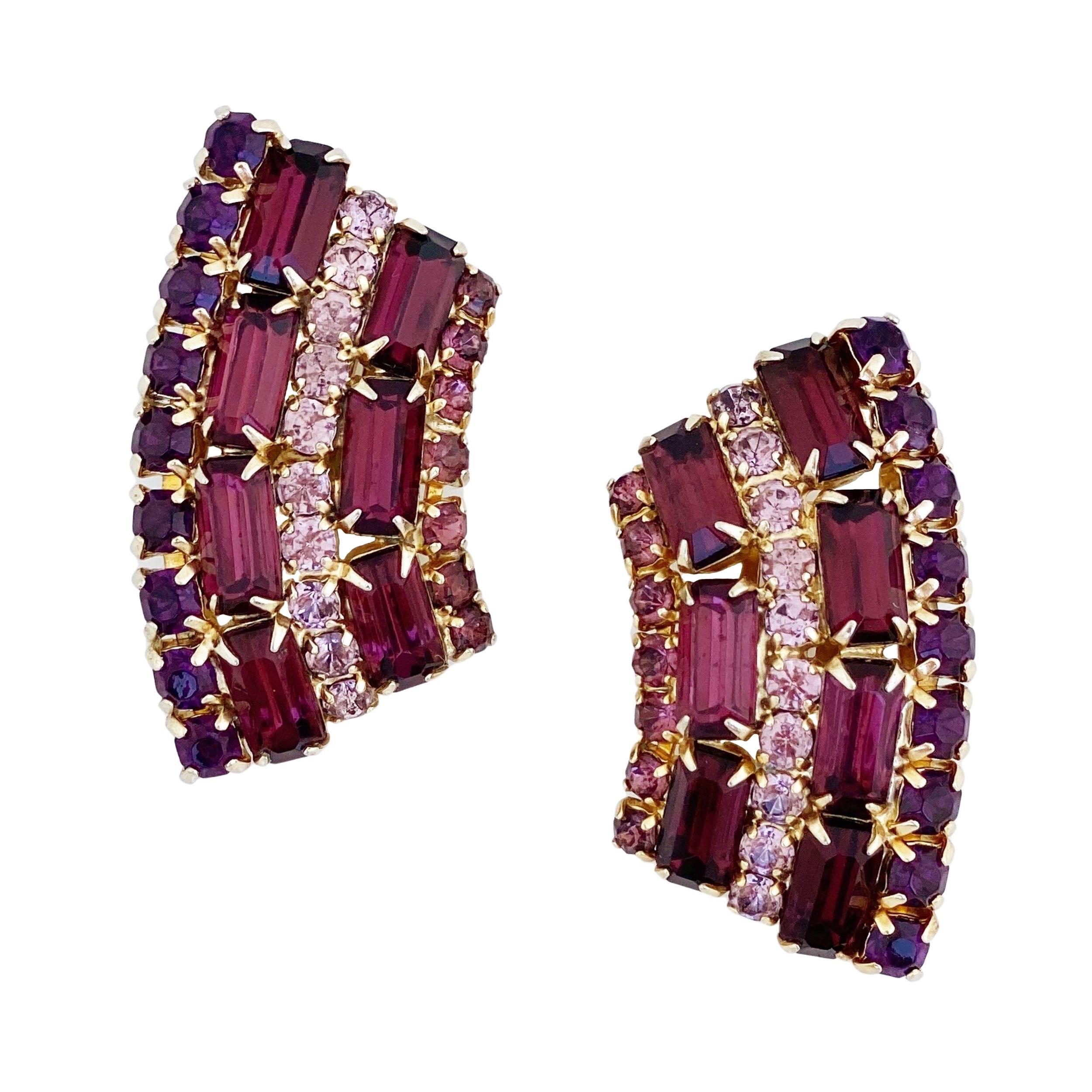 Emerald Cut Amethyst Crystal Climber Statement Earrings, 1950s