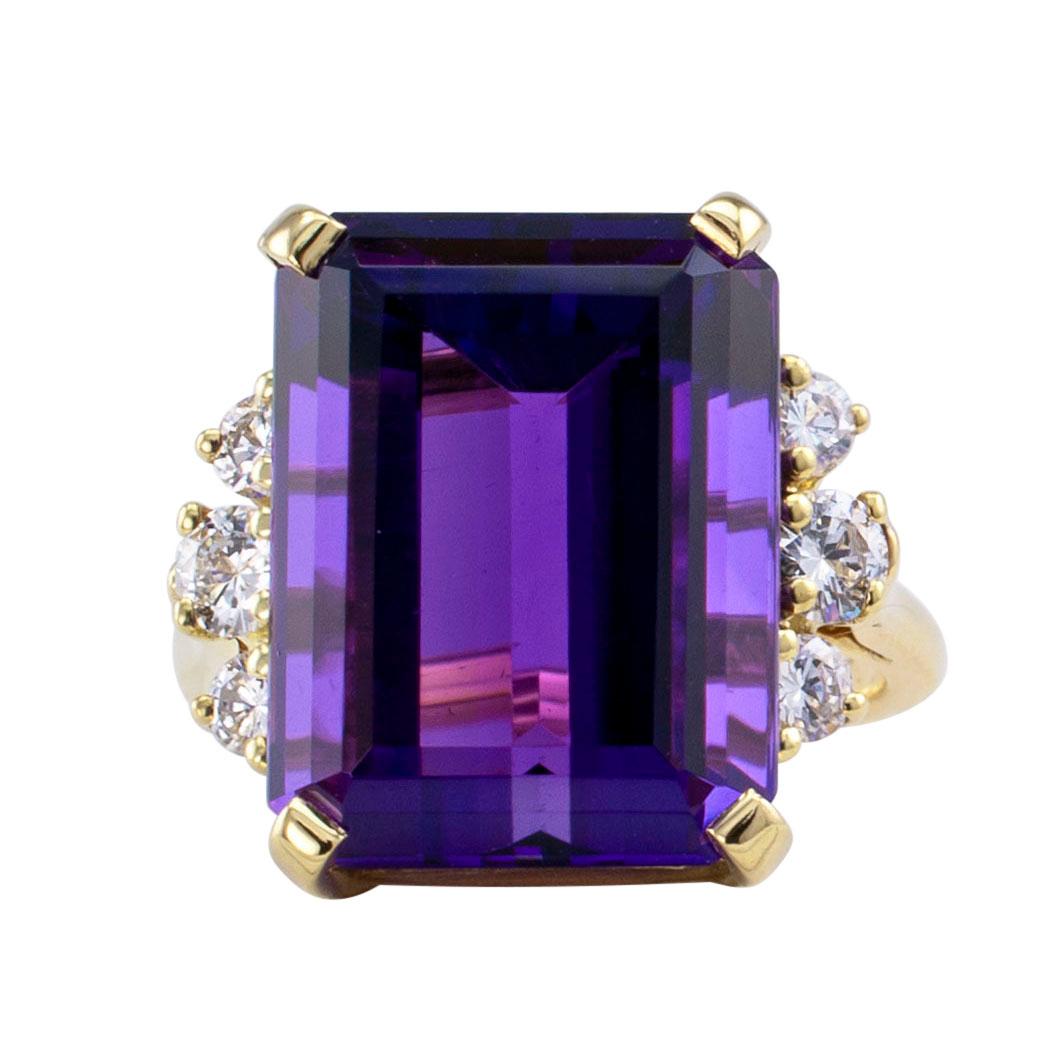 Contemporary Emerald Cut Amethyst Diamond Gold Cocktail Ring