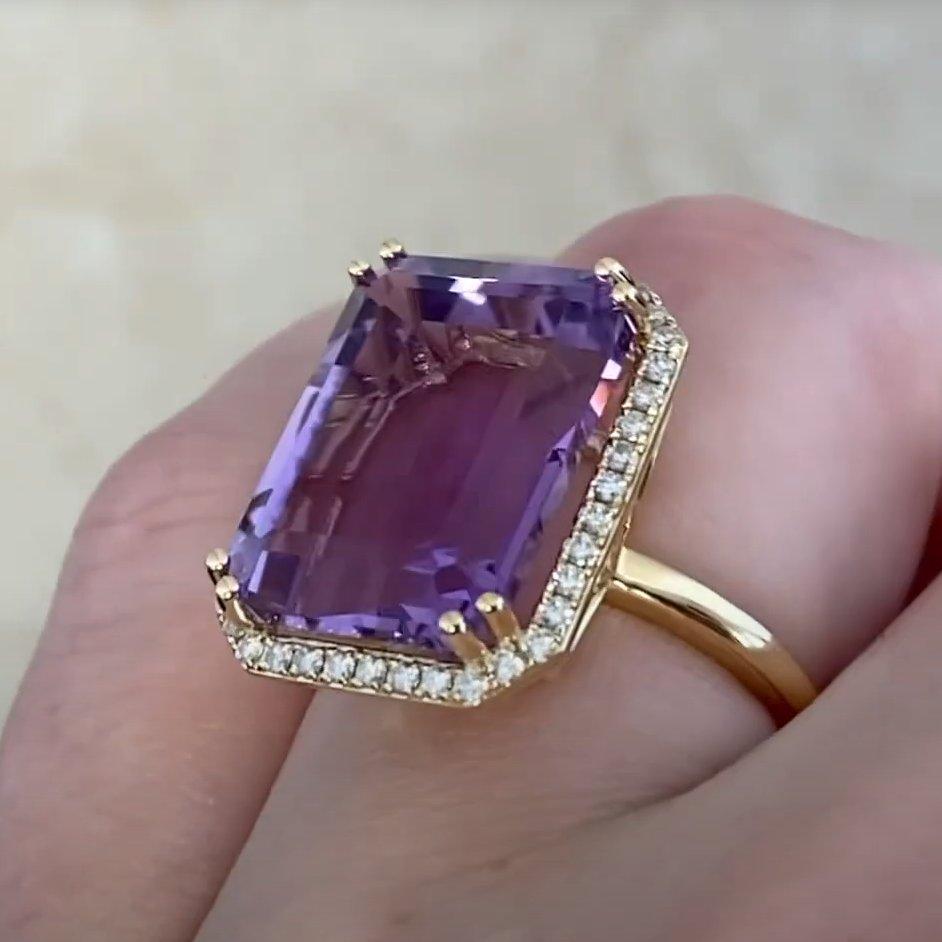 Emerald Cut Amethyst Diamond Halo Ring (Approx 12.5-Carats), 18k Yellow Gold 1