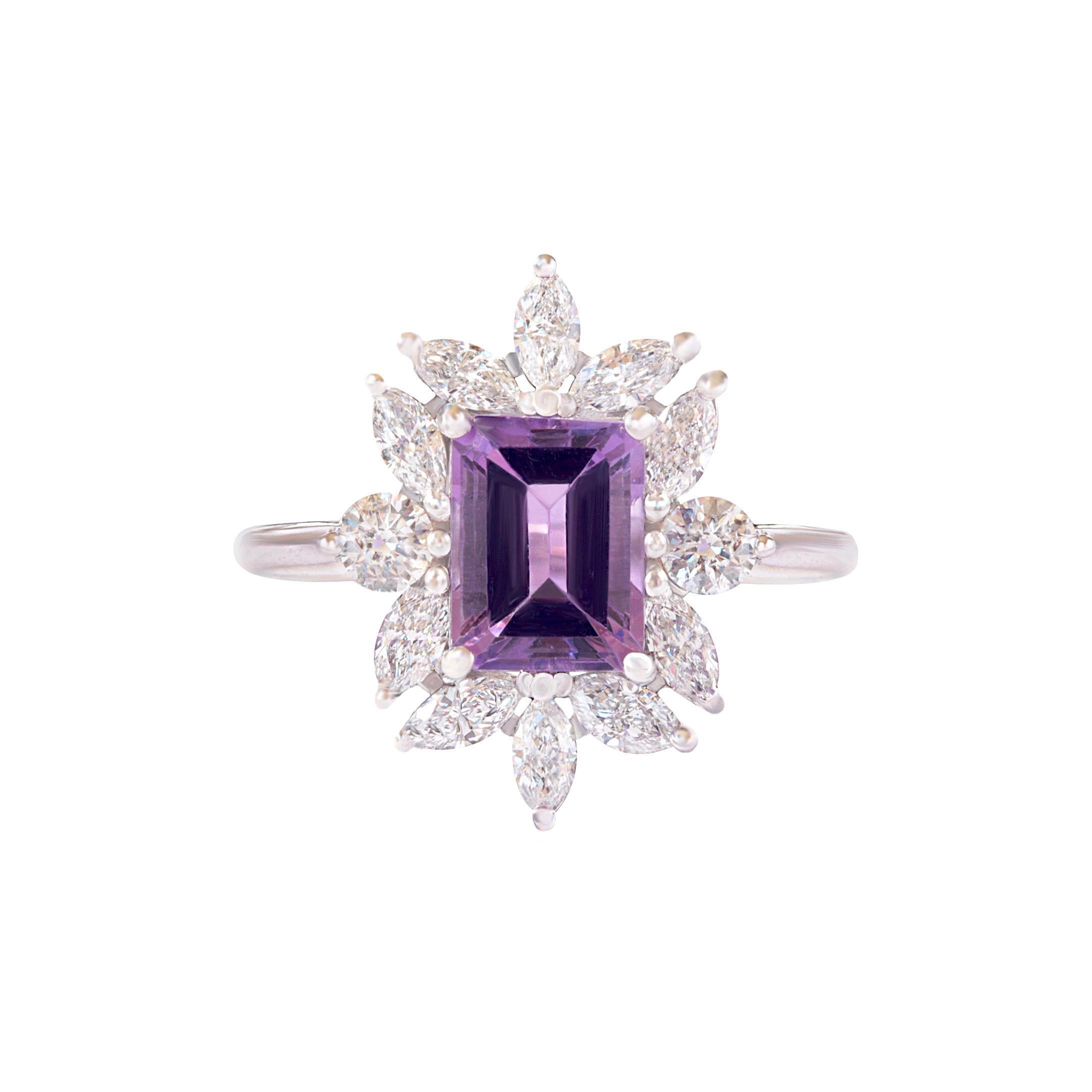 Art Deco Emerald Cut Amethyst & Diamonds Unique and Elegant Engagement ring - Charlotte For Sale