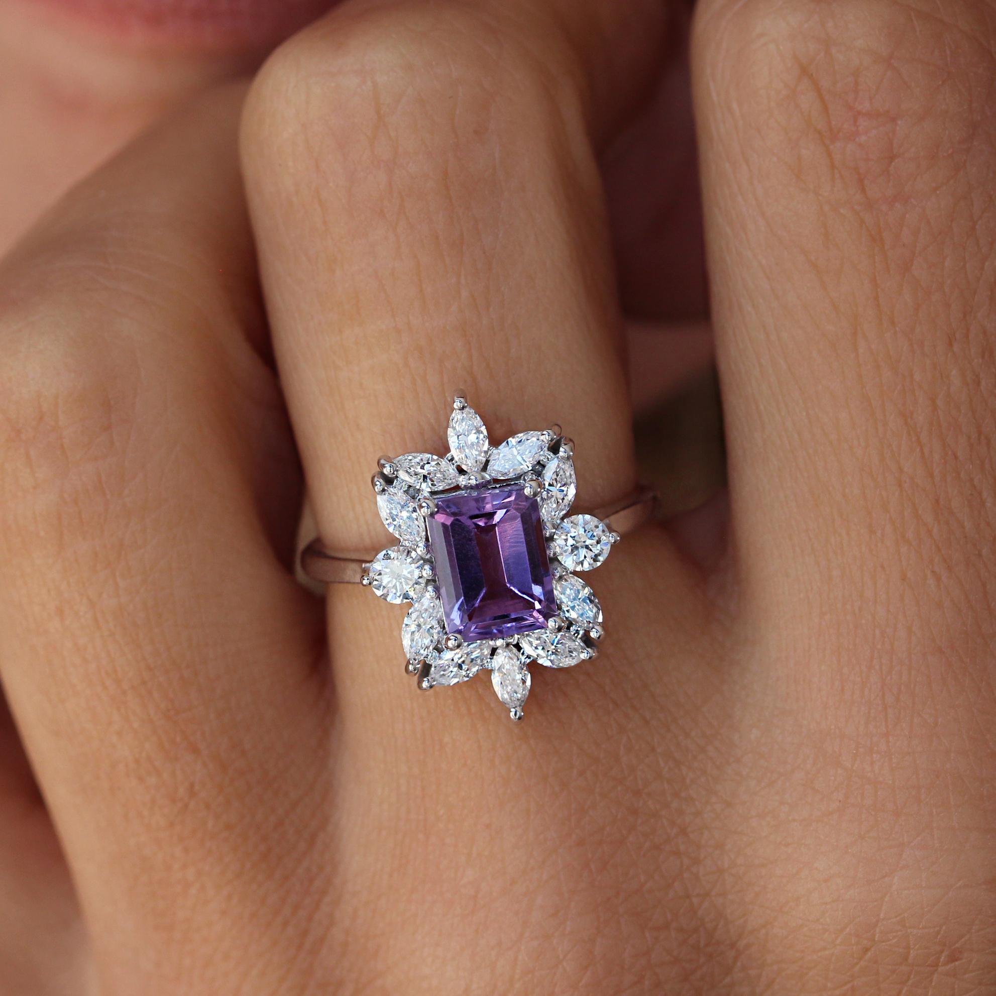 Emerald Cut Amethyst & Diamonds Unique and Elegant Engagement ring - Charlotte In New Condition For Sale In Hertsliya, IL