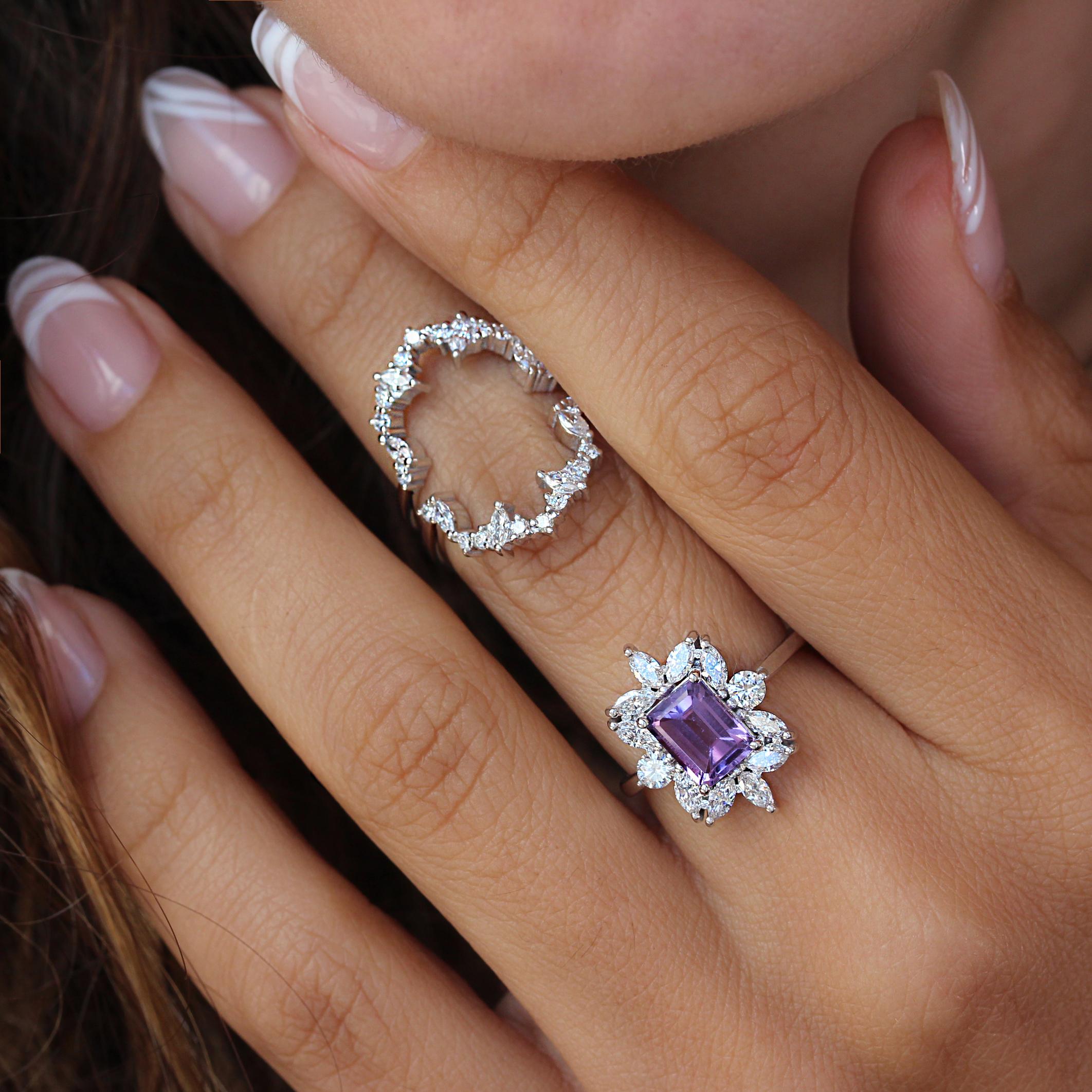 Women's Emerald Cut Amethyst & Diamonds Unique and Elegant Engagement ring - Charlotte For Sale
