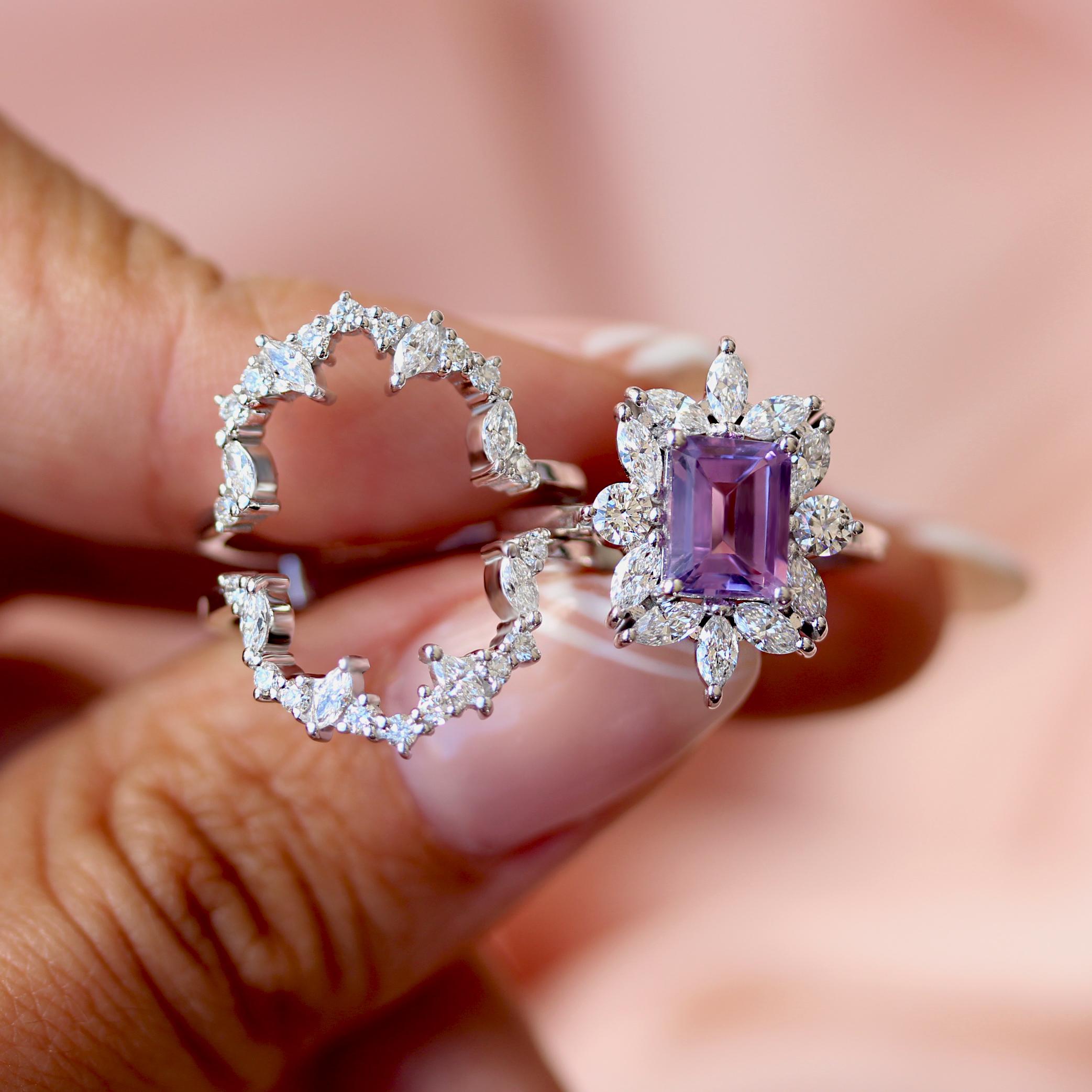Emerald Cut Amethyst & Diamonds Unique and Elegant Engagement ring - Charlotte For Sale 1