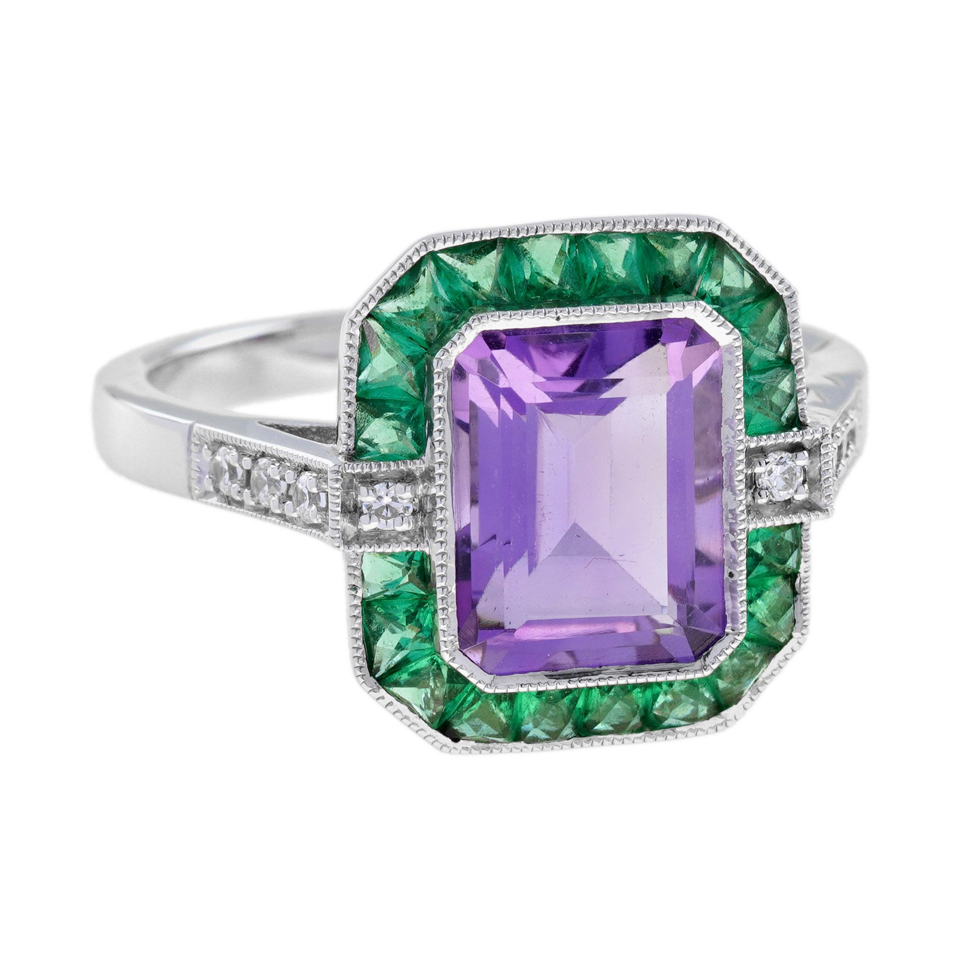 For Sale:  Emerald Cut Amethyst Emerald and Diamond Art Deco Style Ring in 14K White Gold 3