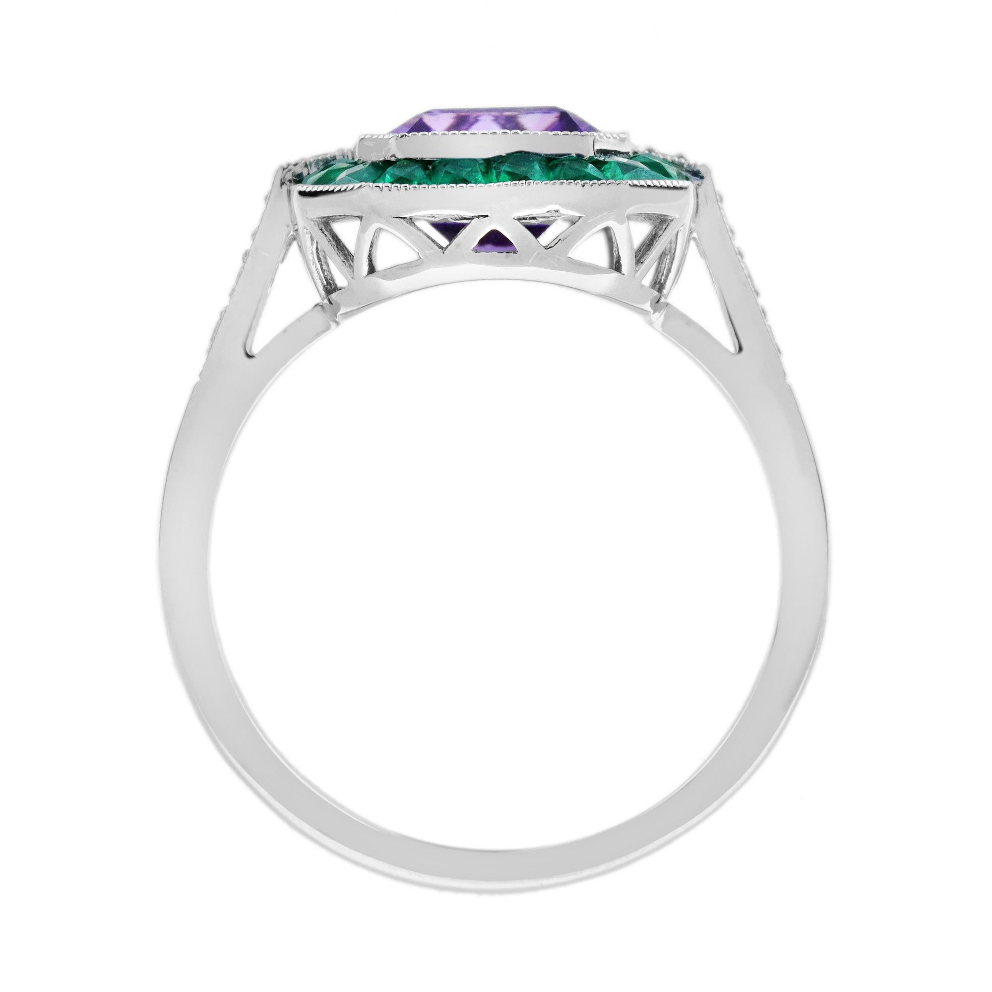 For Sale:  Emerald Cut Amethyst Emerald and Diamond Art Deco Style Ring in 14K White Gold 6