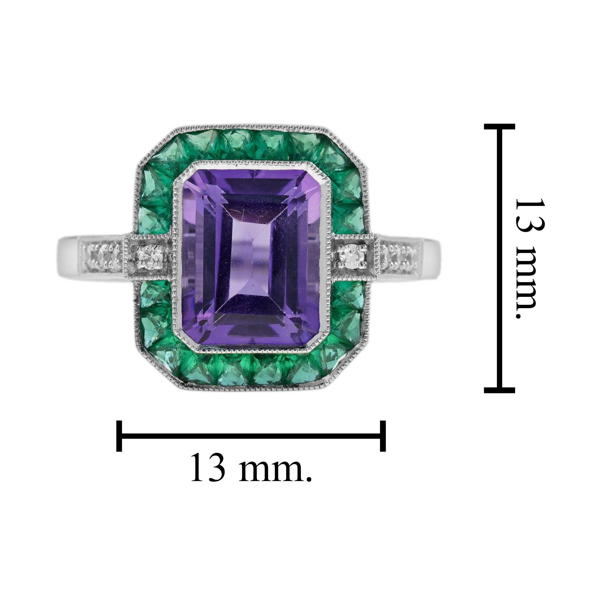 For Sale:  Emerald Cut Amethyst Emerald and Diamond Art Deco Style Ring in 14K White Gold 7