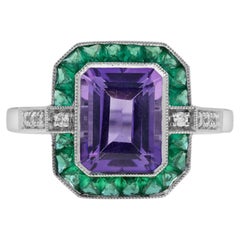 Emerald Cut Amethyst Emerald and Diamond Art Deco Style Ring in 14K White Gold