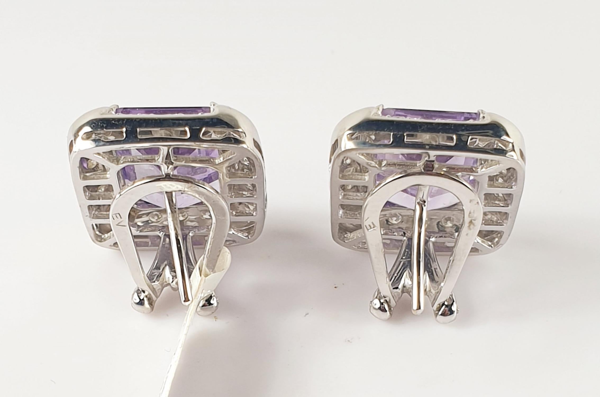 Contemporary Emerald Cut Amethyst in 18k White Gold and Diamond Clip on Earrings For Sale