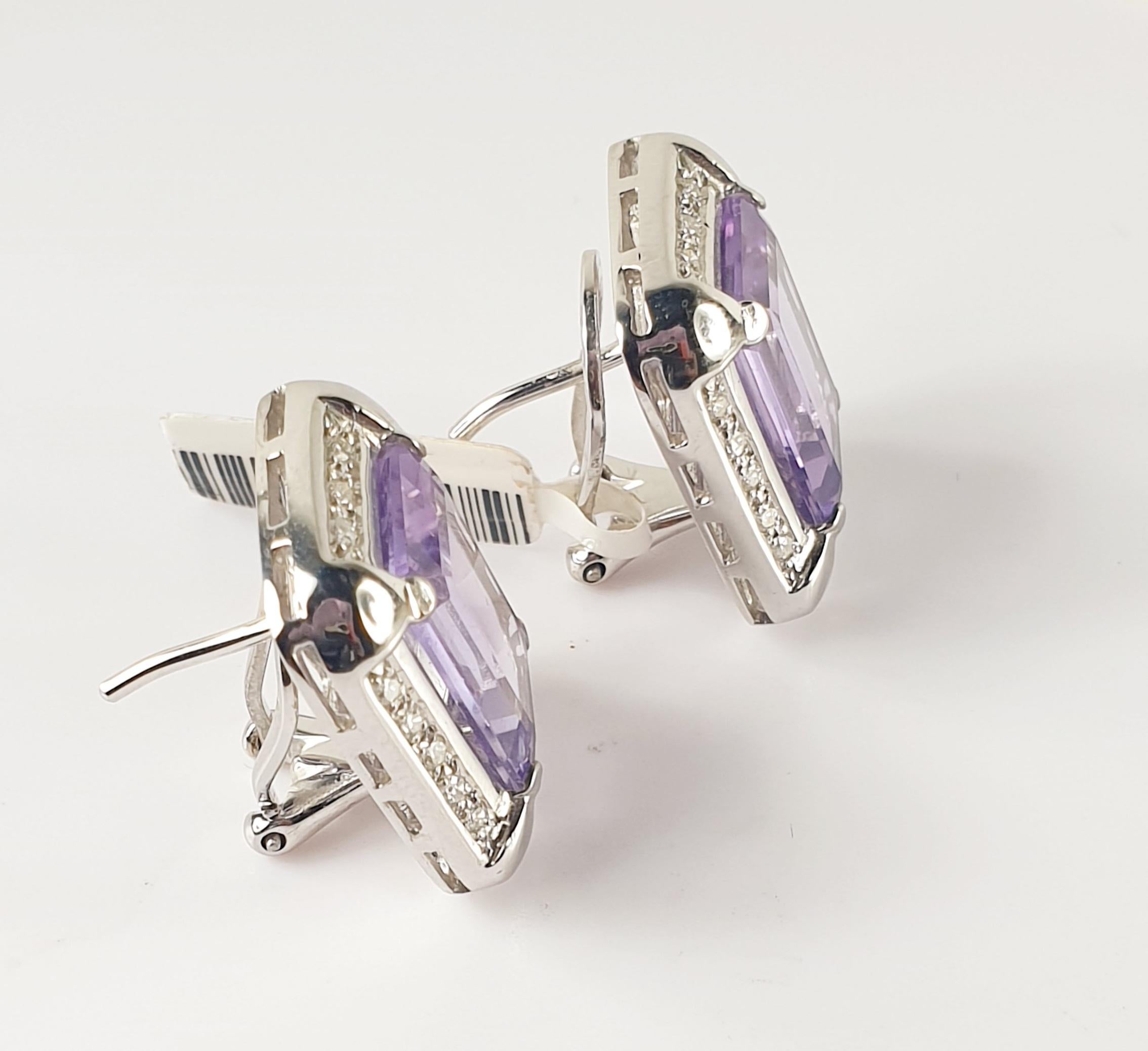 Brilliant Cut Emerald Cut Amethyst in 18k White Gold and Diamond Clip on Earrings For Sale