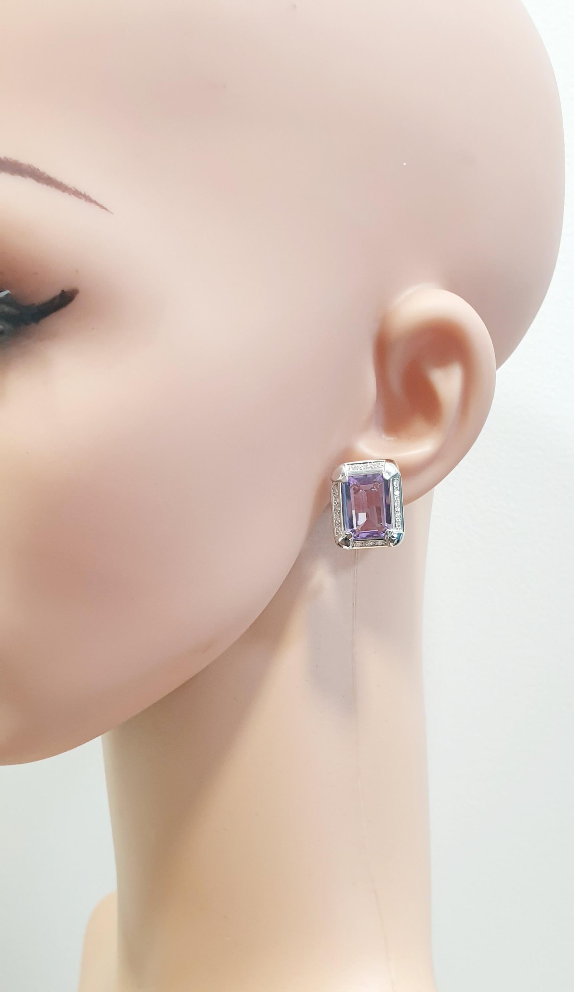 Emerald Cut Amethyst in 18k White Gold and Diamond Clip on Earrings For Sale 1